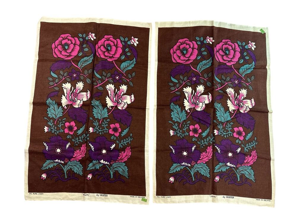 Vintage Ulster Flora Pure Linen Tea Towels Pair Made in Ireland Floral 20x31
